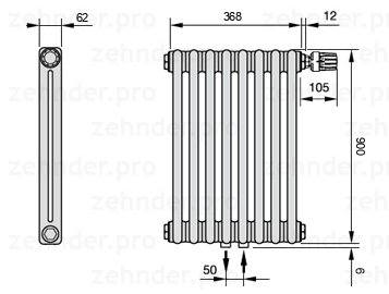 Схема (чертеж) Радиатор Zehnder Charleston 2090/8 №V008 Белый глянцевый RAL 9016